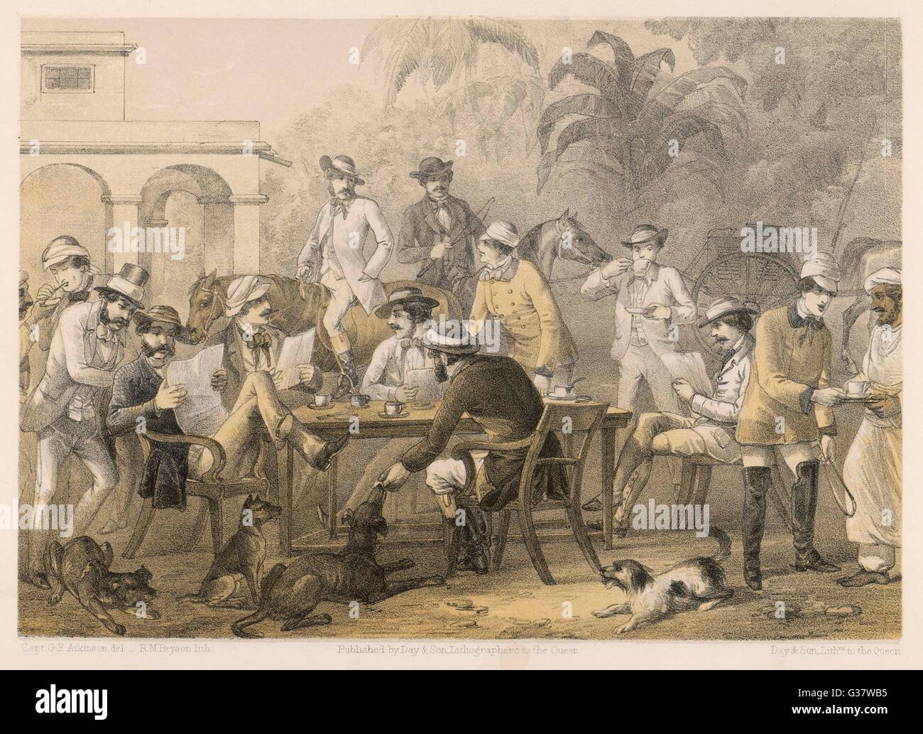 A group of men take morning coffee on a British station in India, from Curry and Rice (on Forty Plates) by Captain Geo. F. Atkinson.     Date: 1860 Stock Photo