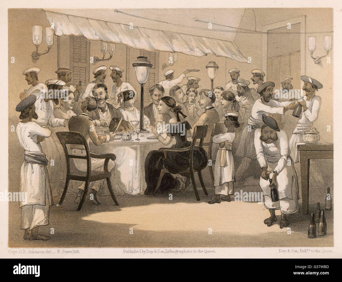 A dinner party on an English hill station in India in the British raj, from Curry and Rice (on Forty Plates) by Captain Geo. F. Atkinson.     Date: 1860 Stock Photo