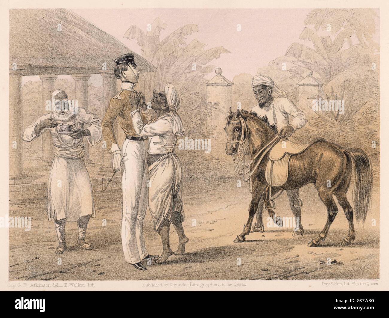 A young officer prepares to go riding in India during the British raj. A servant puts the final touches to his uniform while another holds his pony which is far too small for him, from Curry and Rice (on Forty Plates) by Captain Geo. F. Atkinson.     Date Stock Photo