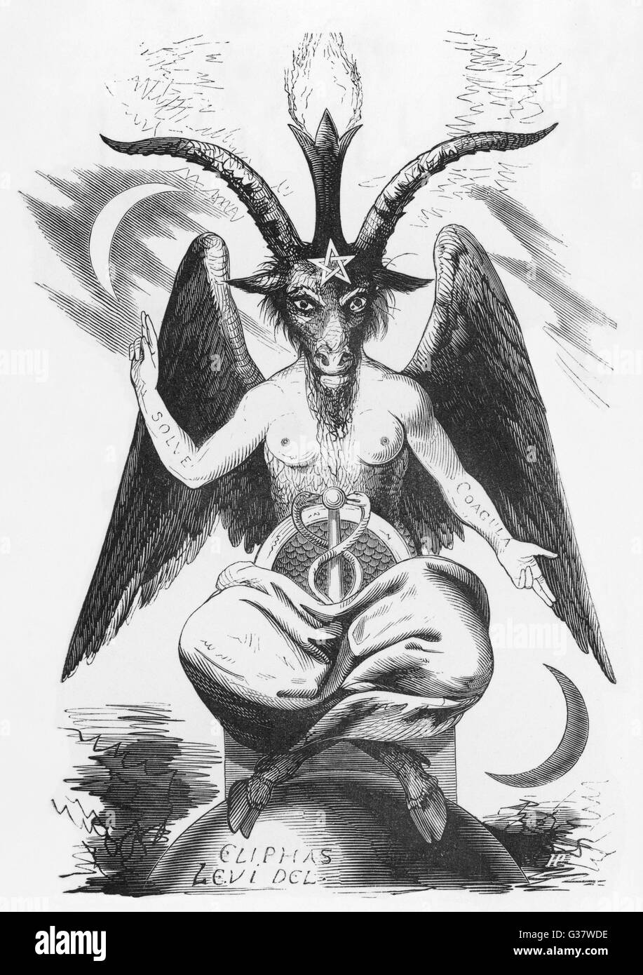 The EVIL ONE can take many  shapes, but this is his TRUE  shape, in which he was  worshipped by the Templars as  Baphomet, some allege      Date: 1861 Stock Photo