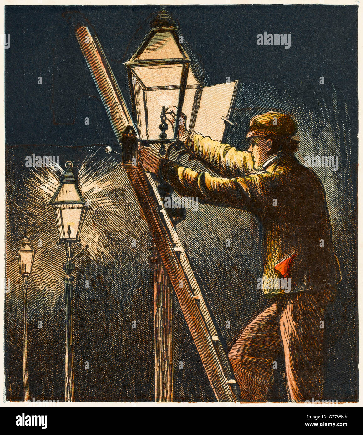 Lamplighter carrying out his duty up ladder. Date 1867 Stock Photo Alamy