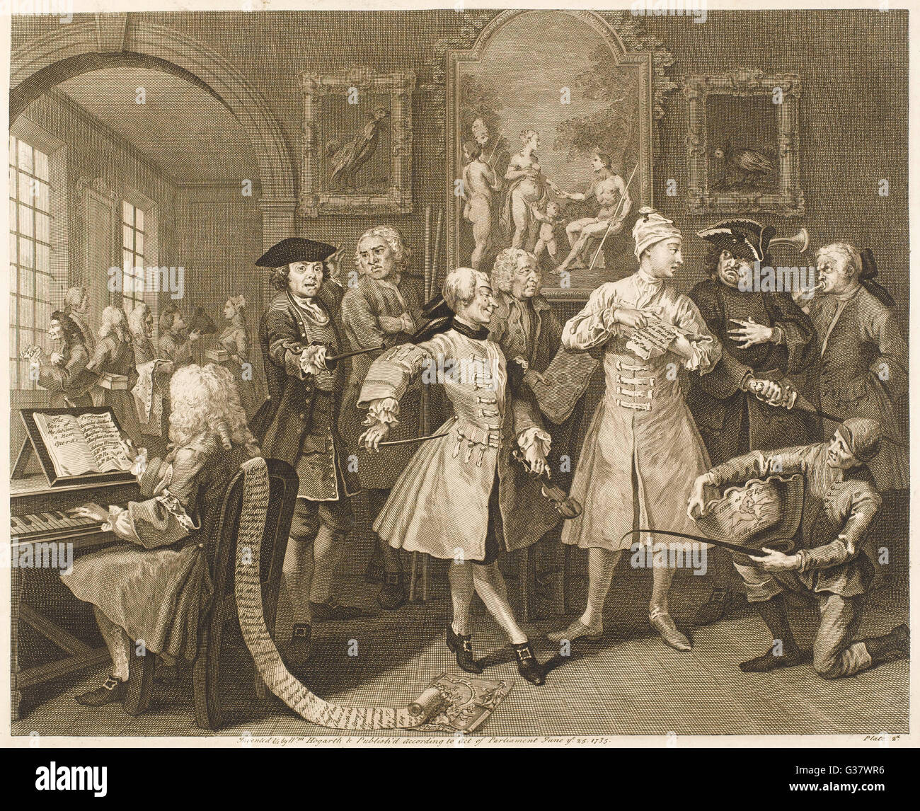 2. Surrounded by artists and  professors         Date: 1735 Stock Photo