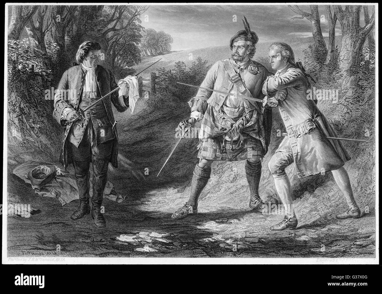 Rob Roy intervenes between  Rashleigh and Francis  Osbaldstone.        Date: First published: 1818 Stock Photo