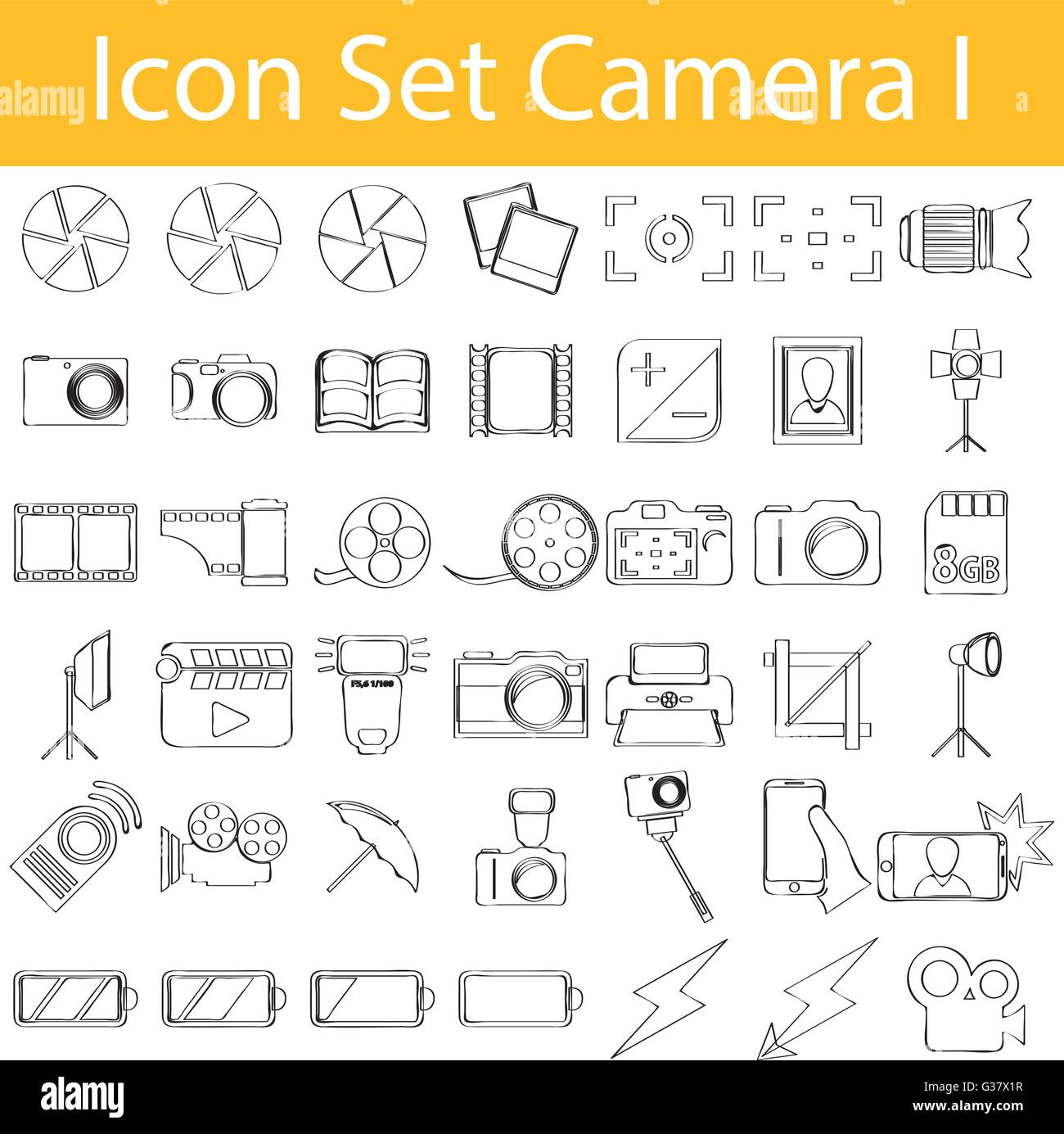 Drawn Doodle Lined Icon Set Camera I with 42 icons for the creative use in graphic design Stock Vector