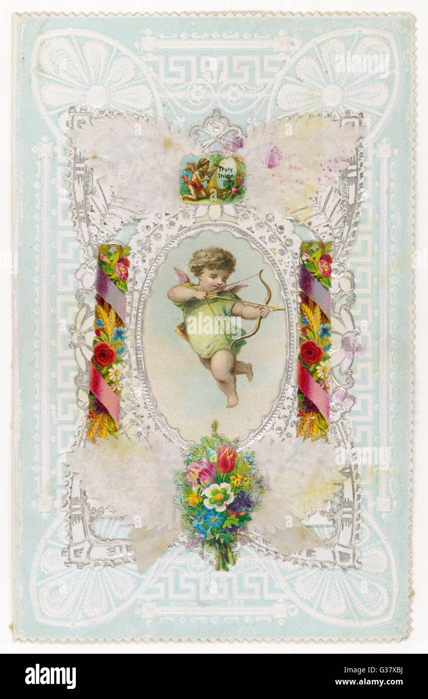 'Truly thine' elaborate Victorian card with  flying Cupid taking aim        Date: circa 1870 Stock Photo