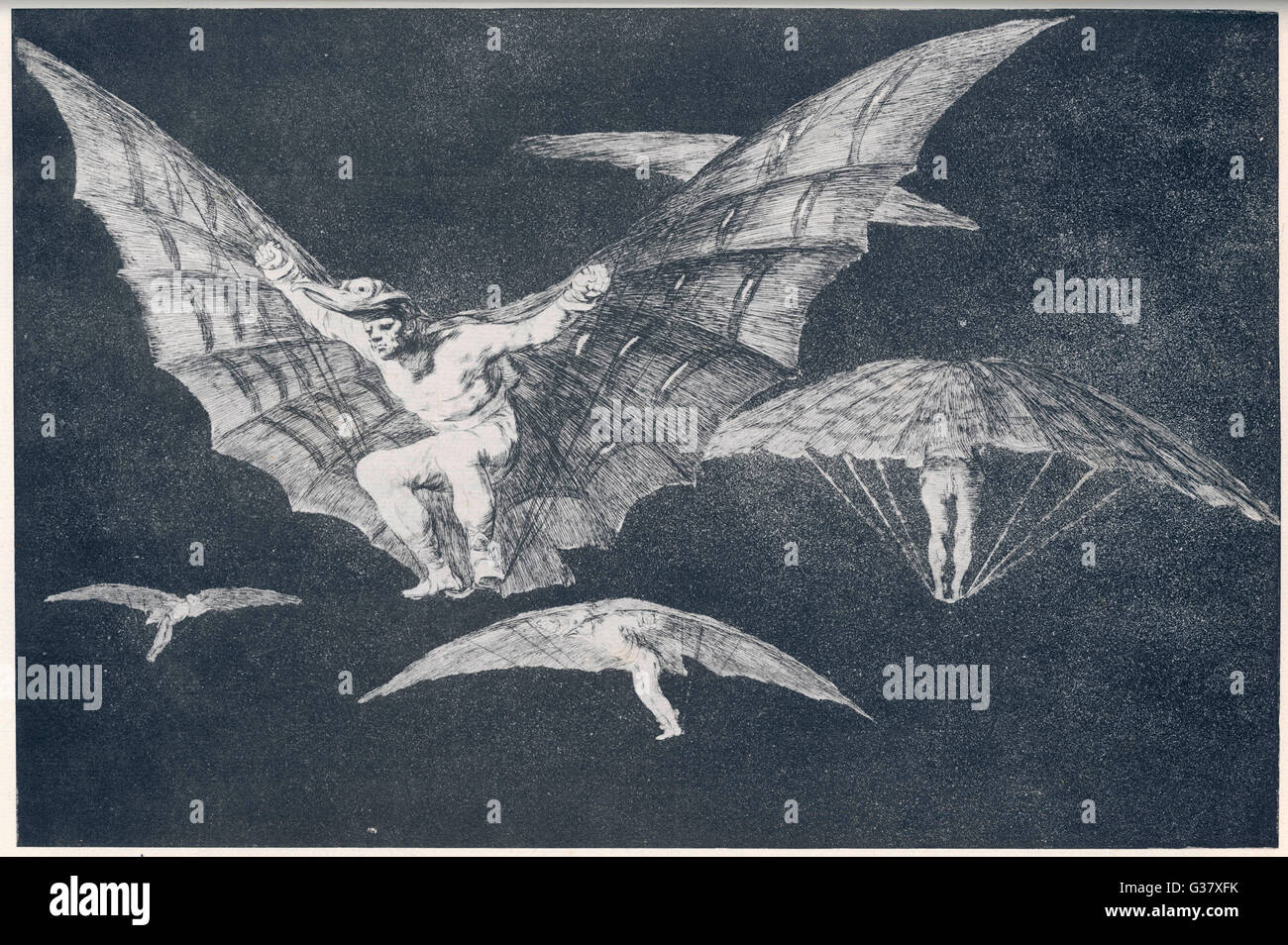 'MODO DE VOLAR' One of Goya's many etchings  depicting winged people, this  is the most realistic, with  wings large enough to be  aerodynamically viable     Date: circa 1800 Stock Photo