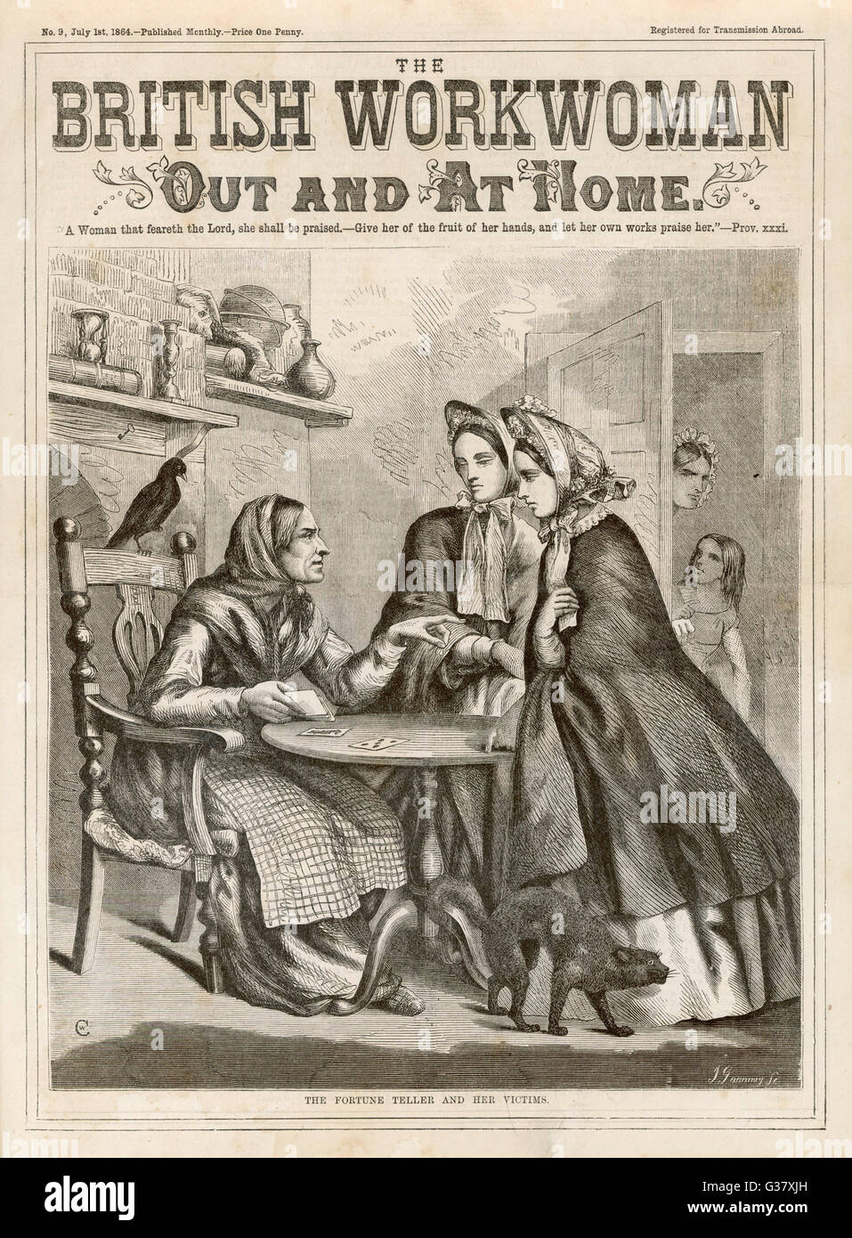 Two alarmed-looking women visit a fortune teller in her cottage. The presence of a cat and raven suggests that the fortune teller has witch-like attributes.     Date: 1864 Stock Photo