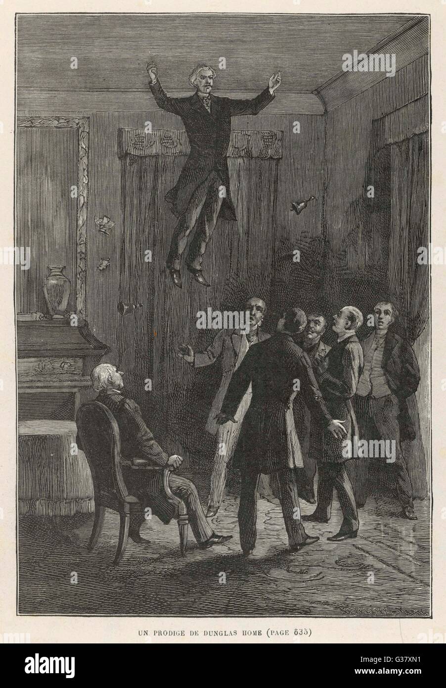 A demonstration of levitation by Daniel Dunglas Home(1833-1886), Scottish medium, who on several occasions was perceived to rise to the ceiling.     Date: circa 1868 Stock Photo