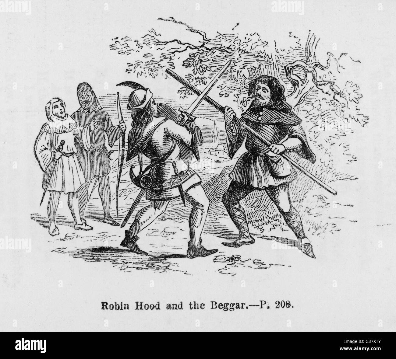 Robin Hood and the beggar fight with quarter-staffs. Stock Photo