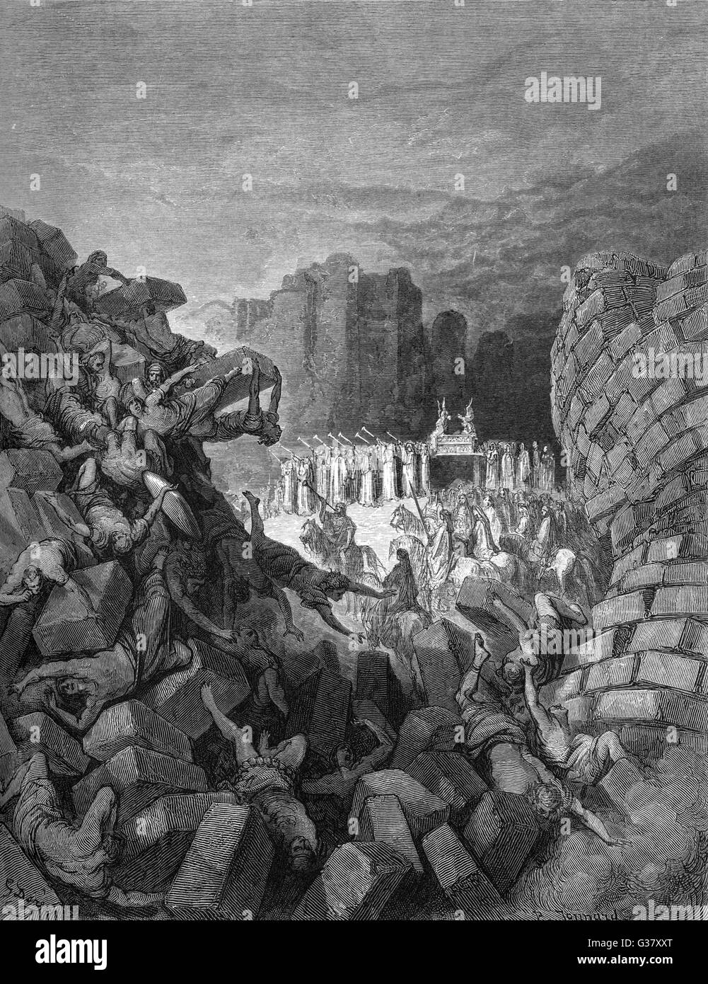 The Israelites process round Jericho, blowing trumpets, much to the annoyance of the inhabitants, especially when their walls start tumbling  down. Stock Photo