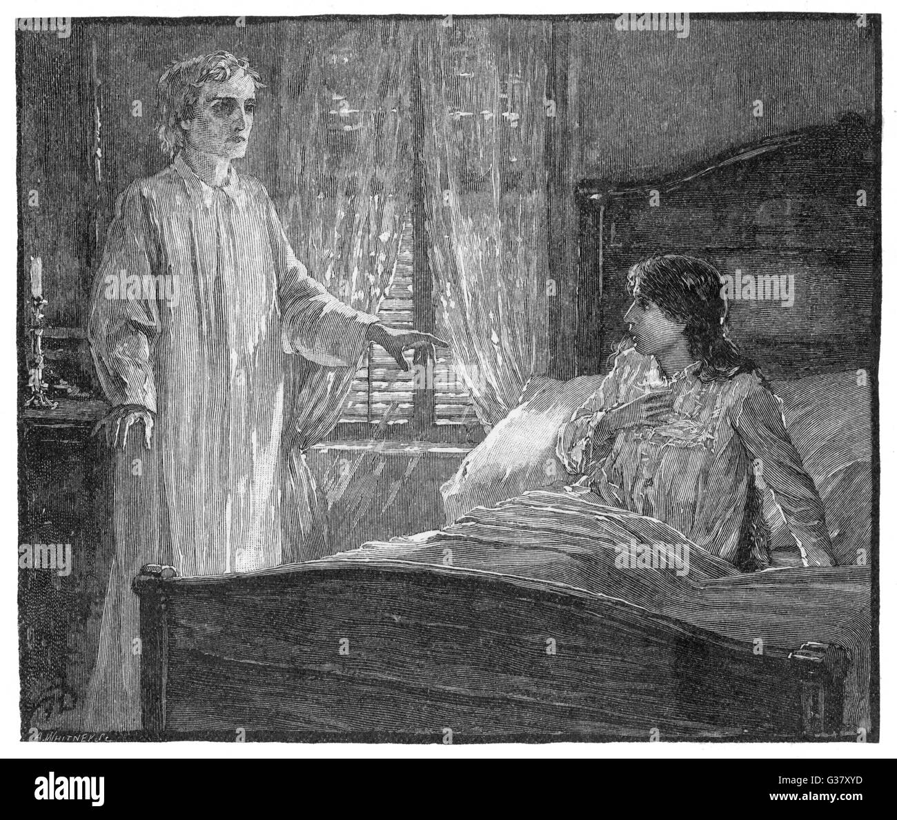 A mysterious apparition at her bedside awakens and alarms a sleeping lady.     Date: 1883 Stock Photo
