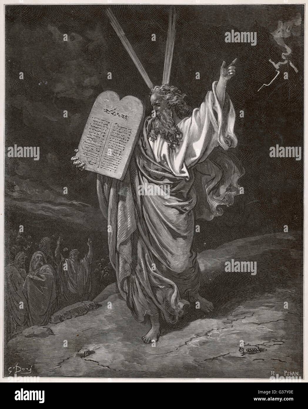 Old testament Bible scene: Moses and the ten commandments Stock Photo