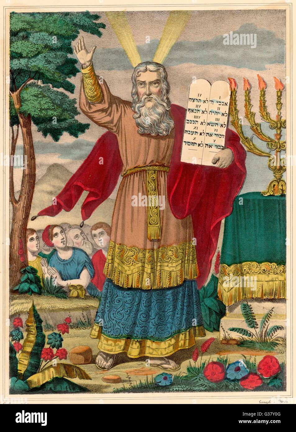 Moses exhibits the Tables of the Law on which the Ten Commandments are inscribed. Stock Photo