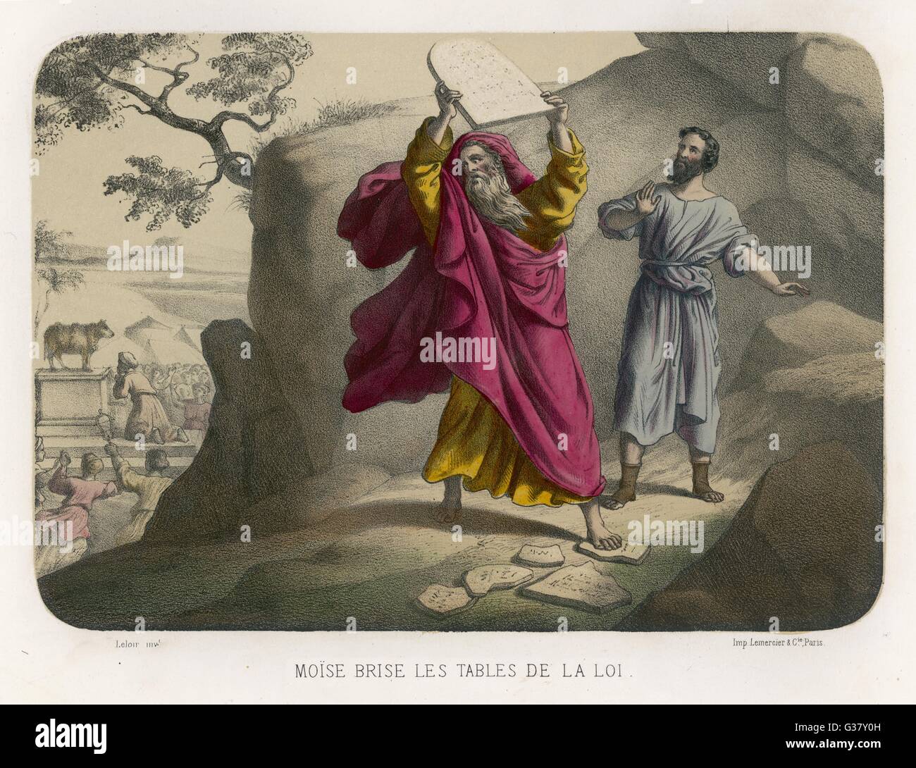 Old testament Bible scene: Moses and the ten commandments Stock Photo