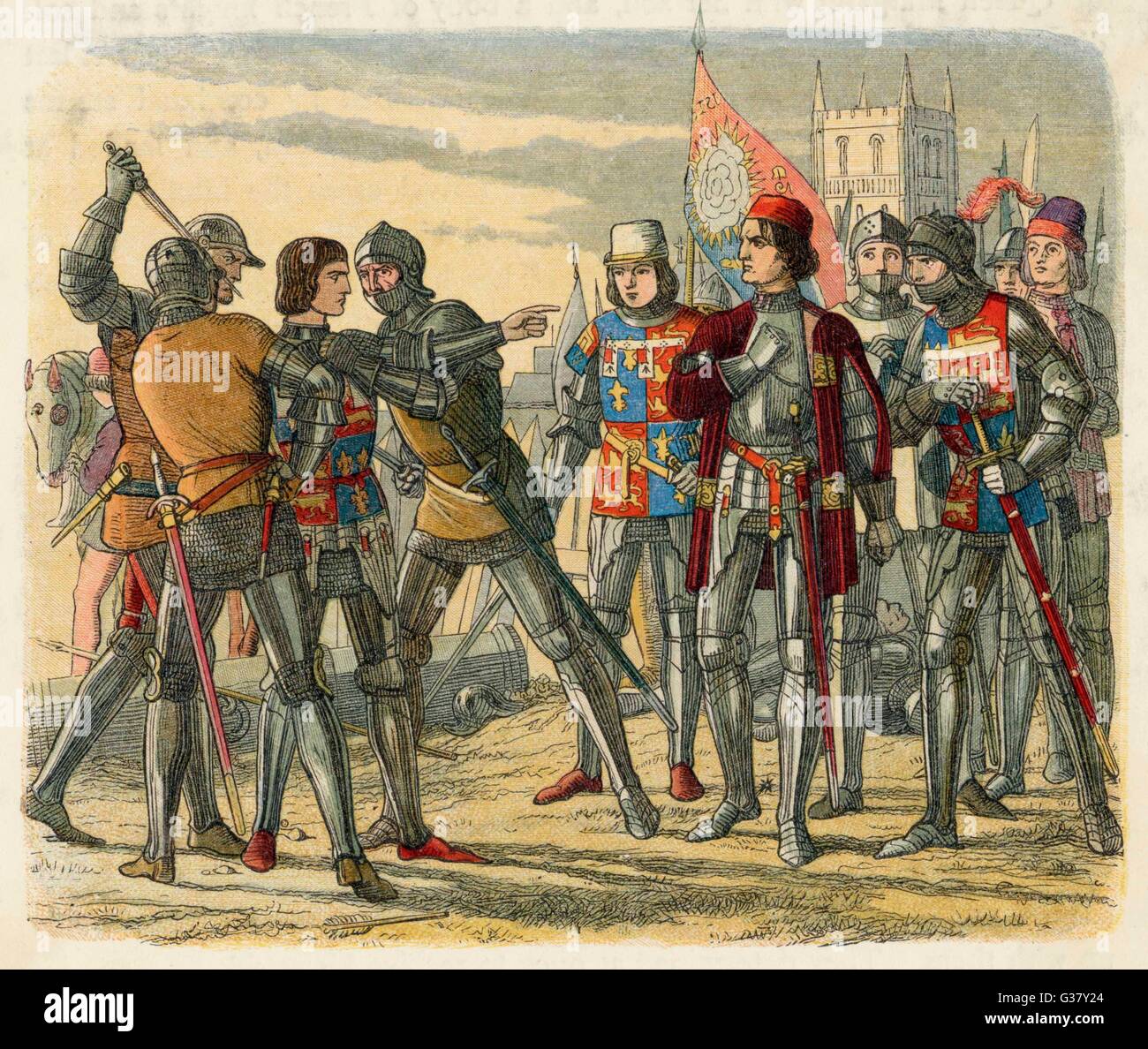 Edward, Prince of Wales and son of Henry VI (1453-1471) is murdered by Edward (son of Richard Duke of York and later Edward IV)(1442-1483) after the Yorkist victory at Tewkesbury.     Date: 4th May 1471 Stock Photo