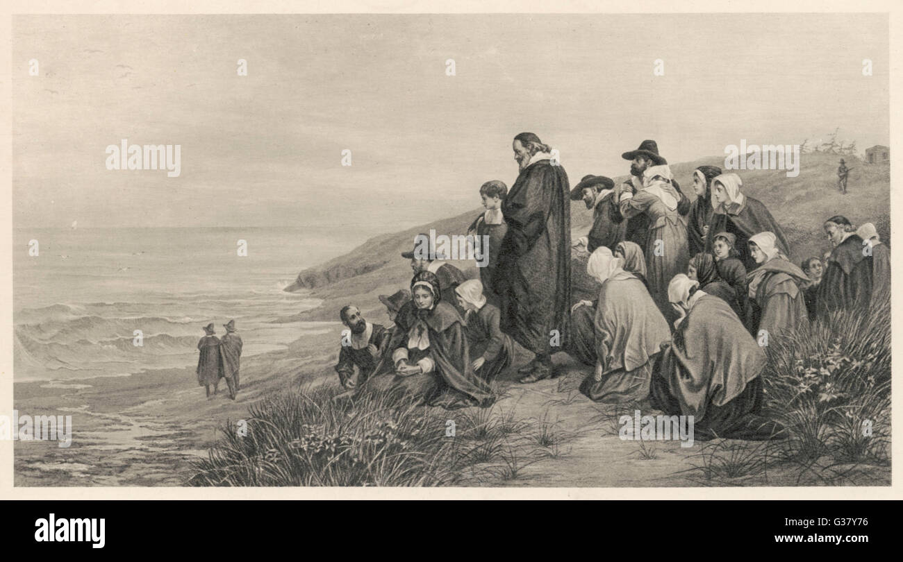 The Pilgrim Fathers watch the Mayflower sail home to England.     Date: 1620 Stock Photo