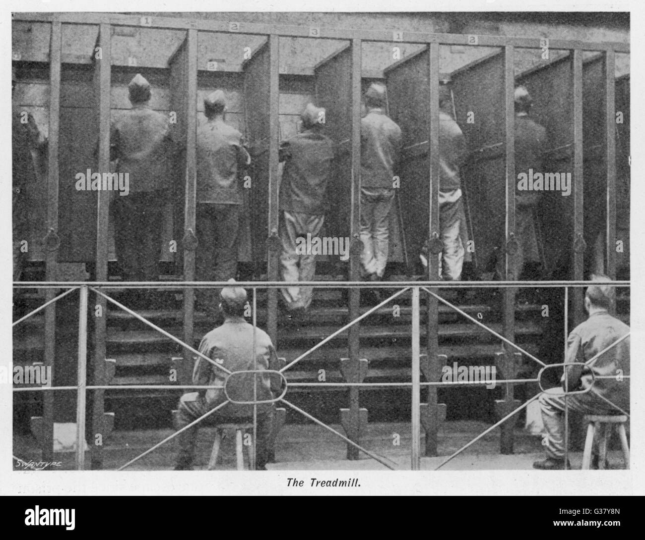 Prisoners work the treadmill at Wormwood Scrubs prison.     Date: 1895 Stock Photo