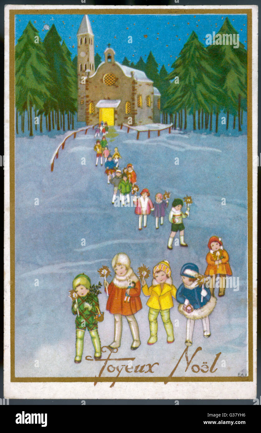 Children emerge from church carrying ornaments.     Date: 1920s? Stock Photo