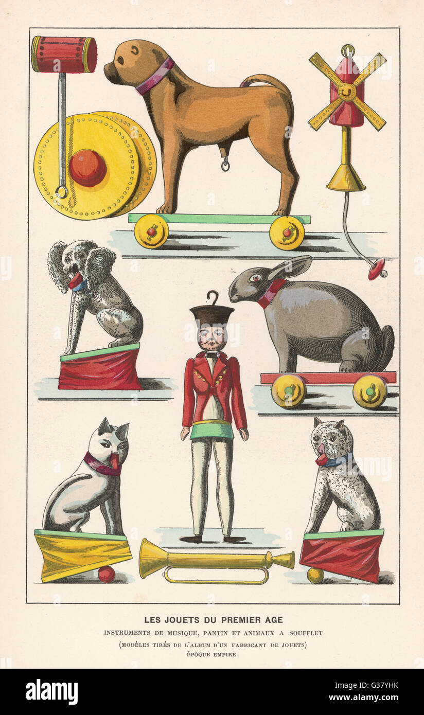 Various toys from a French catalogue.       Date: circa 1805 Stock Photo