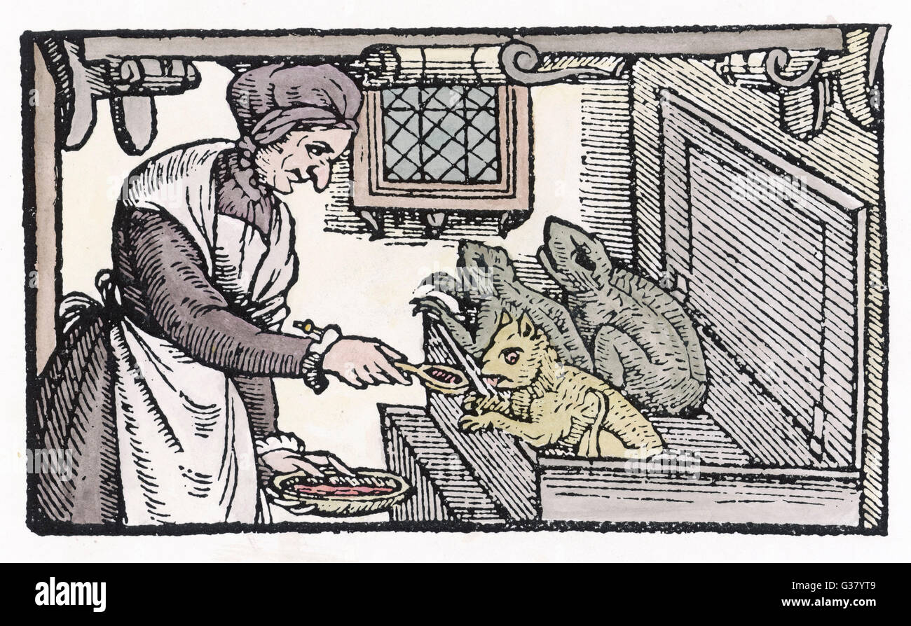 A witch feeds her familiars          Date: 1579 Stock Photo