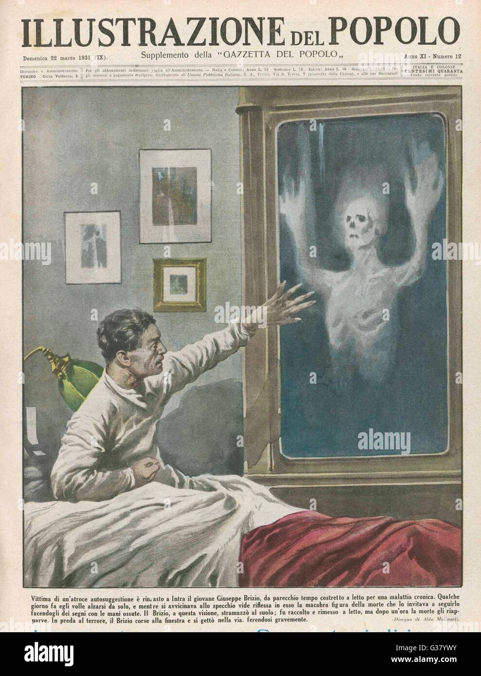 Chronic invalid Giuseppe  Brizio of Intra, Italy, sees  the figure of Death in a  mirror, beckoning him ; he  collapses and dies, a victim  of auto-suggestion     Date: 1931 Stock Photo