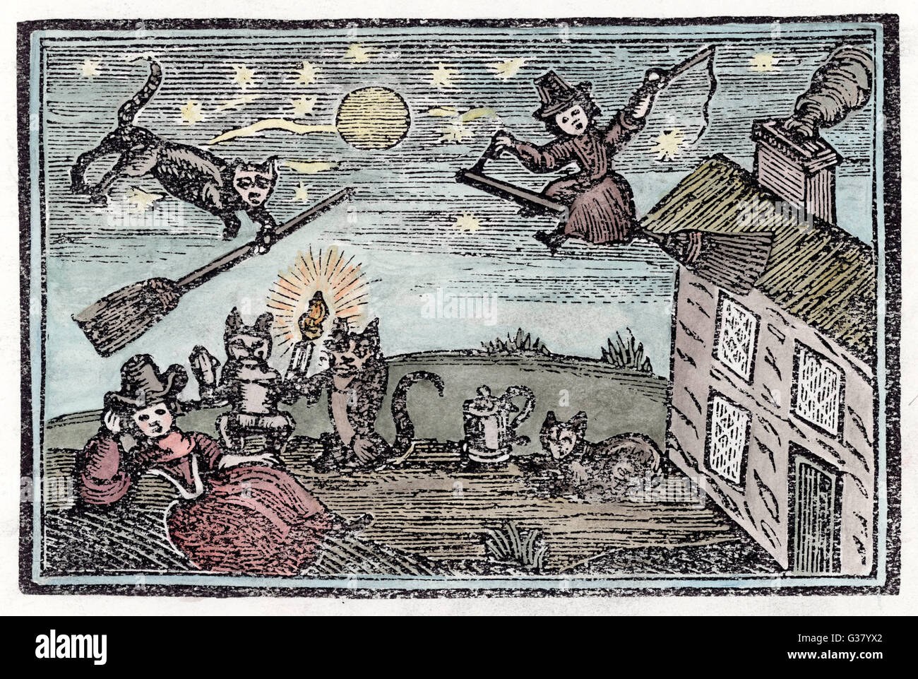 Witches with their familiars,  one of which has learnt to fly  a broomstick on its own !        Date: circa 1600 Stock Photo