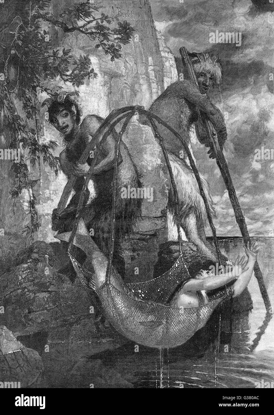 Pan, fishing, nets a mermaid Stock Photo