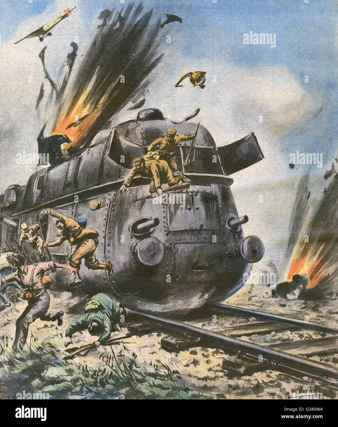 Armoured train bombed, Spanish Civil War Stock Photo