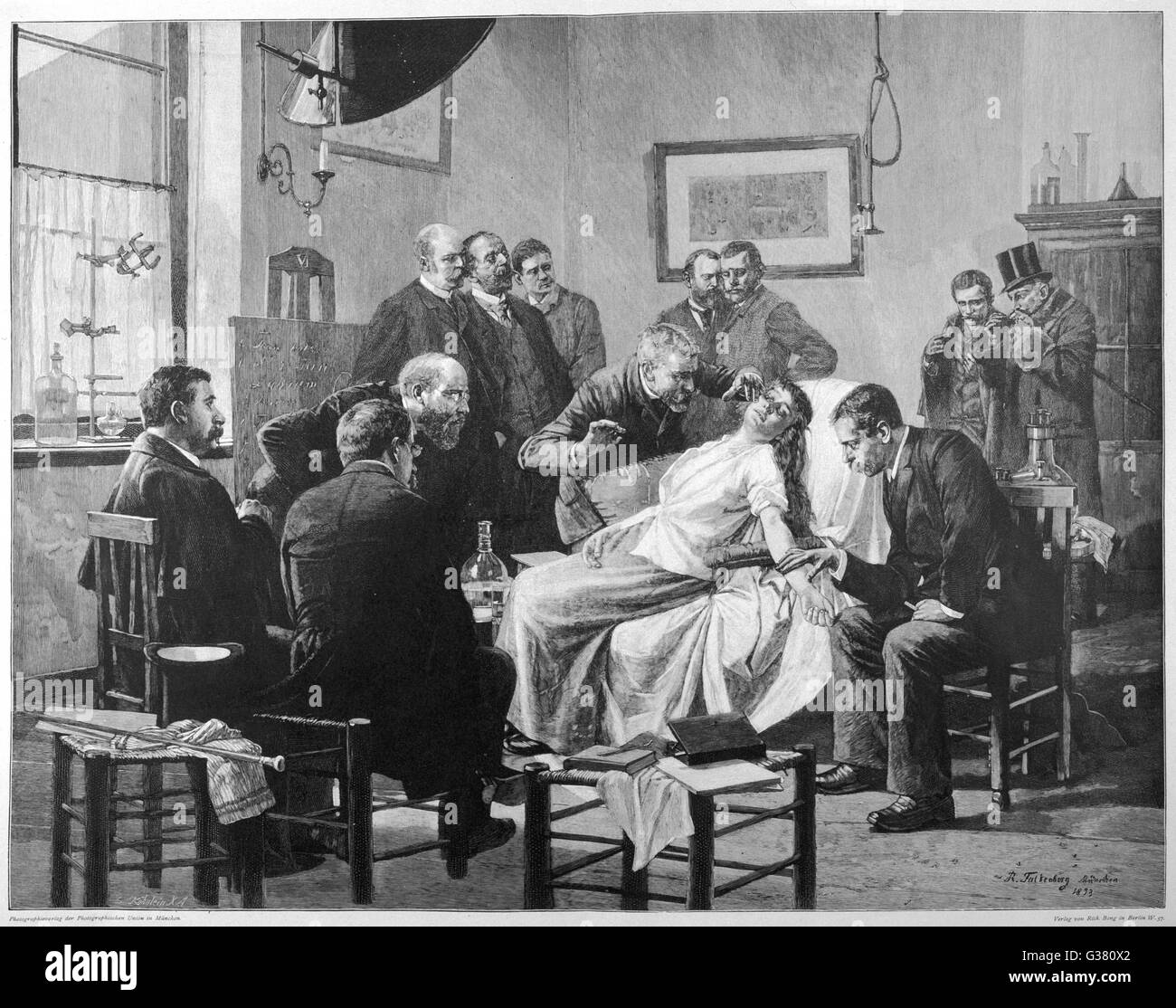 German doctors observe a  demonstration of hypnotism  at Munchen        Date: 1893 Stock Photo