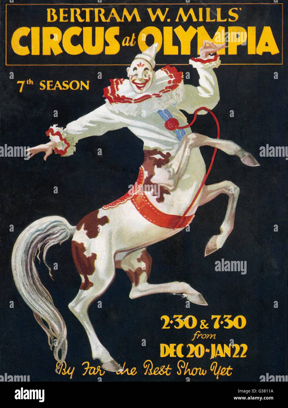 A centaur style illustration,  featuring a clown and a circus  horse, adorn the cover of a  programme for performances at  Olympia, London.     Date: 1926 Stock Photo