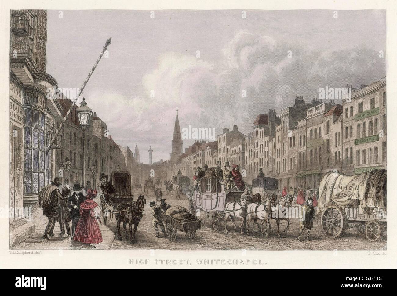 Whitechapel High Street, London, with wagons, coaches, carts and ...