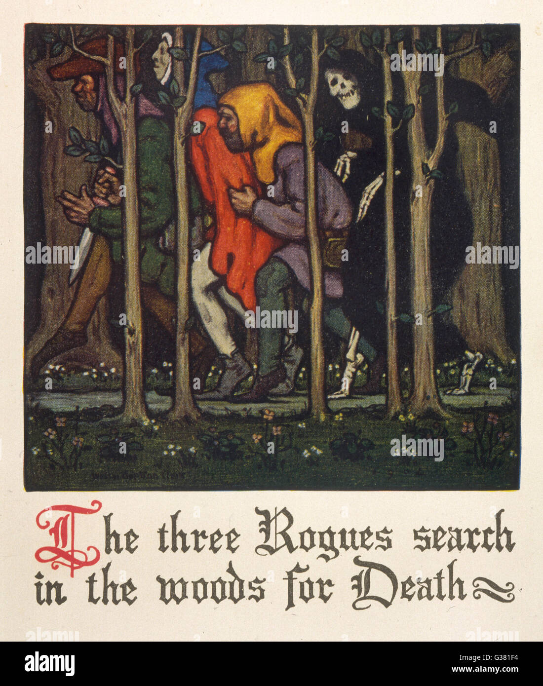The three rogues search in the  woods for death        Date: First published: circa 1387 Stock Photo