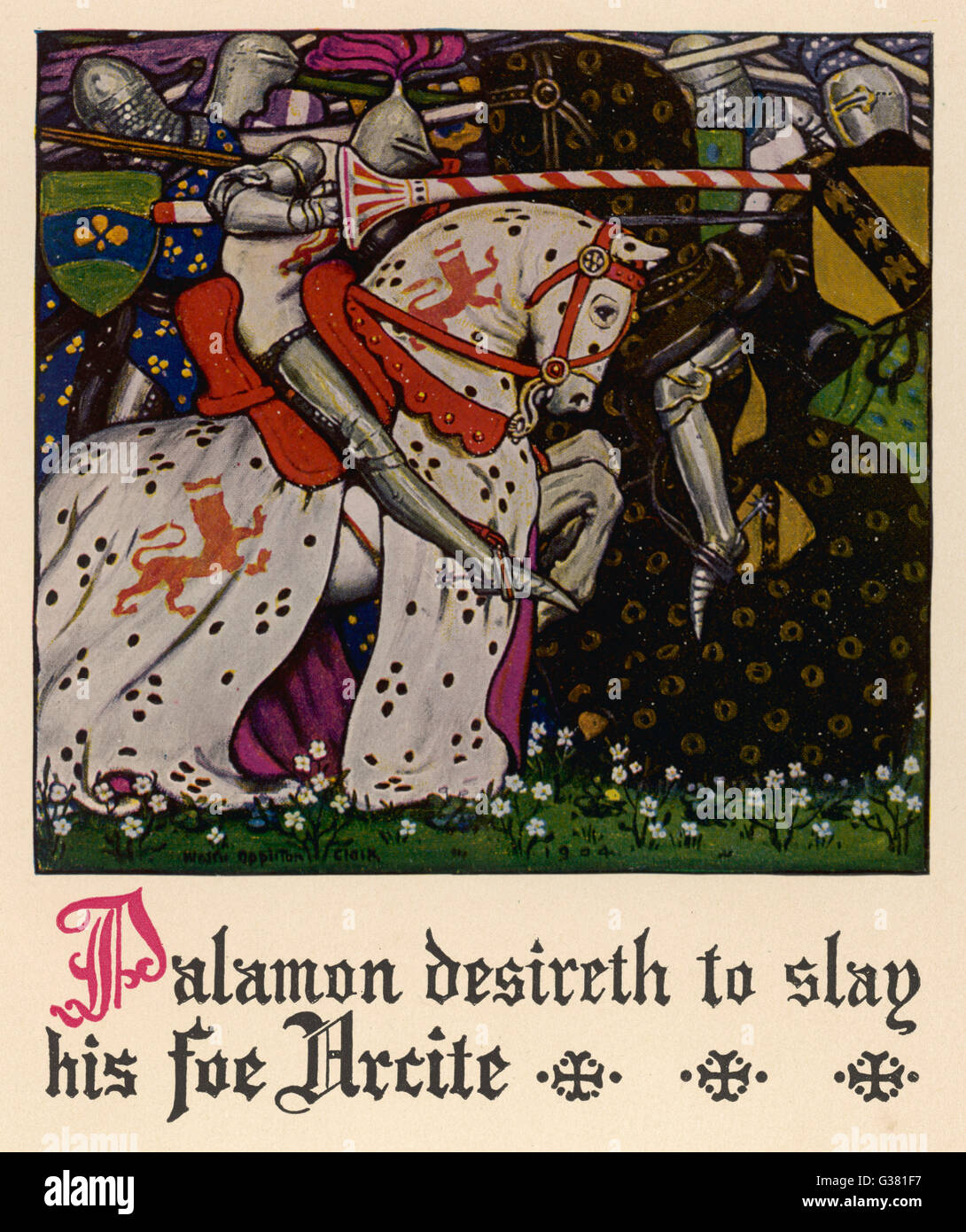 Palamon desireth to slay his  foe Arcite        Date: First published: circa 1387 Stock Photo