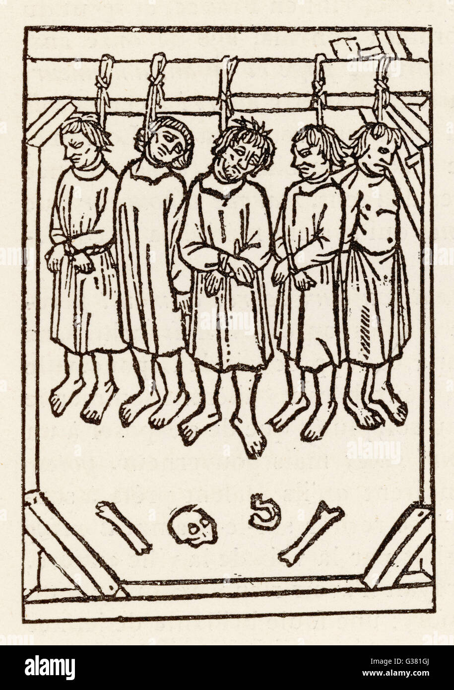 Five thieves hanged by order  of the king (Louis XII)         Date: circa 1510 Stock Photo