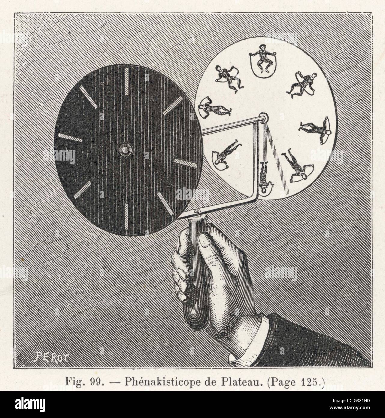 Plateau's Phenakistoscope - a variant of the zootrope,  in which the images, seen  through slits, seem to move  when the disc is rotated.      Date: 1885 Stock Photo