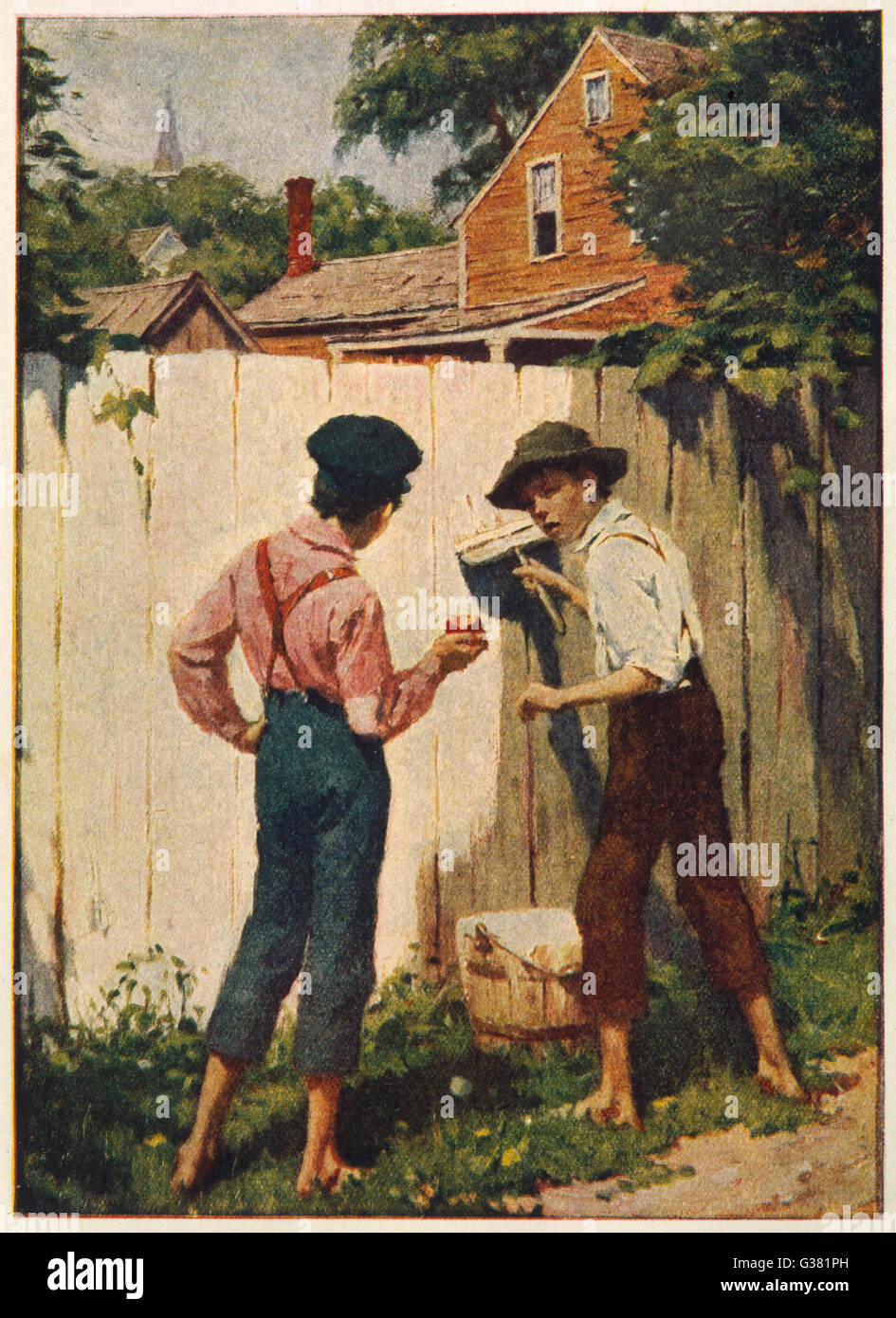 Tom Sawyer whitewashing the  fence :  &quot;does a boy get a chance to  whitewash a fence every day?&quot;      Date: First published: 1876 Stock Photo