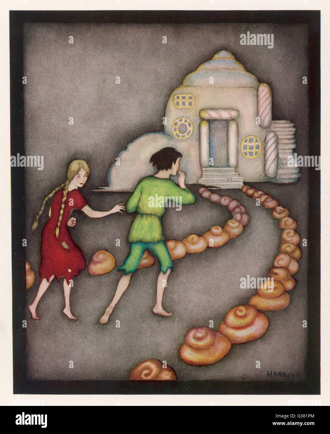 Hansel and Gretel follow the path up to the witches house (Grimm Stock