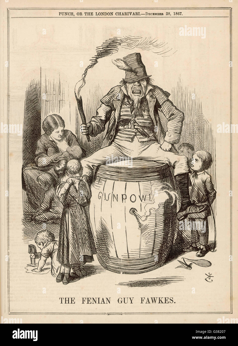 'The Fenian Guy Fawkes' sitting on a keg of gunpowder ready to