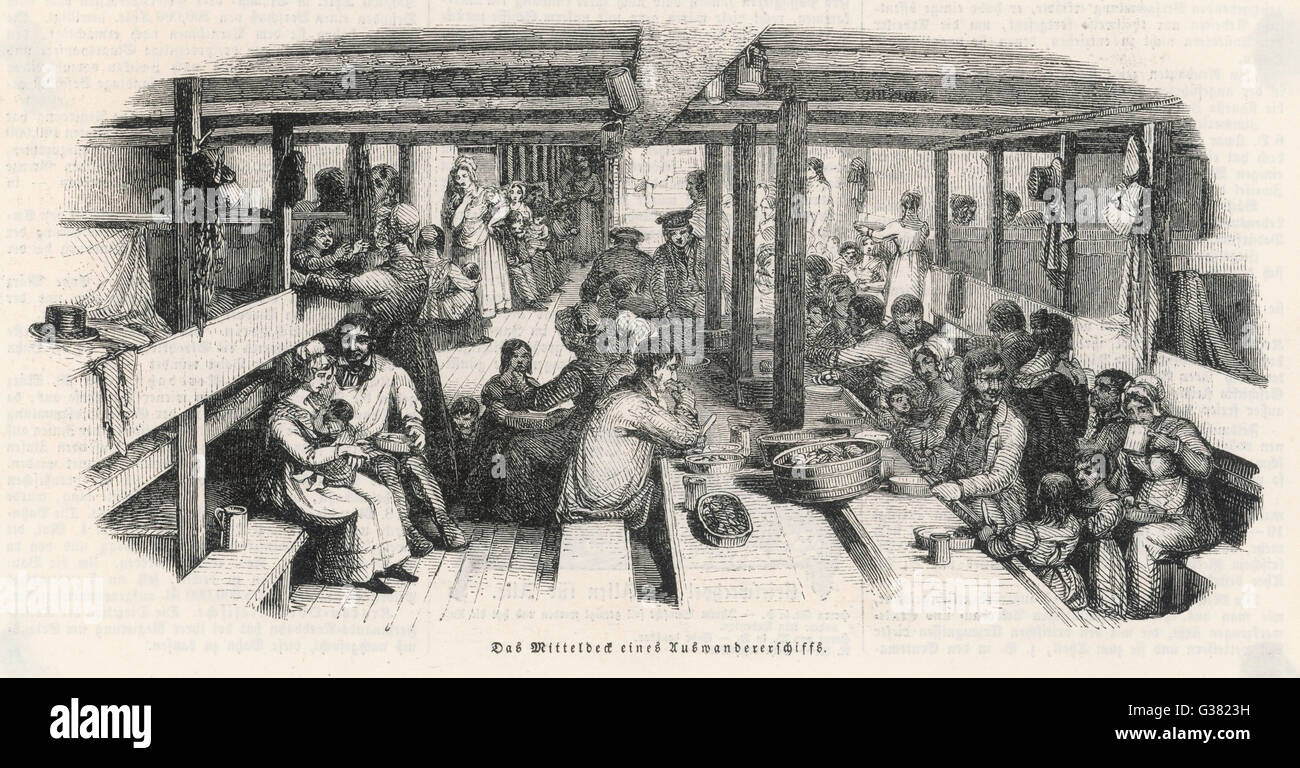 Emigrants on their way to Australia eat their dinner below decks. The Illustrated London News states that 'a government grant was made to assist families and single men, agricultural labourers, shepherds, carpenters, smiths, wheelwrights, bricklayers and Stock Photo