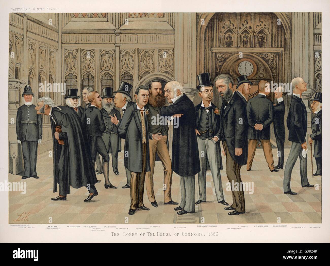Eminent politicians including  Gladstone, Randolph Churchill  and Charles Stewart Parnell  gather in the Commons Lobby       Date: 1886 Stock Photo