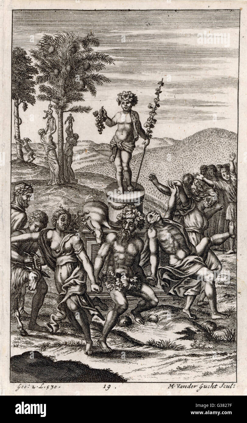 Country folk celebrate a festival in honour of the God of wine: Bacchus. (Greek: Dionysus) Date: First published: 29 BC Stock Photo