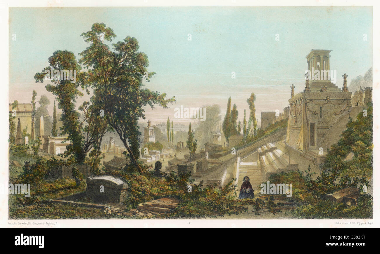 Pere Lachaise cemetery  - from the East        Date: 1863 Stock Photo