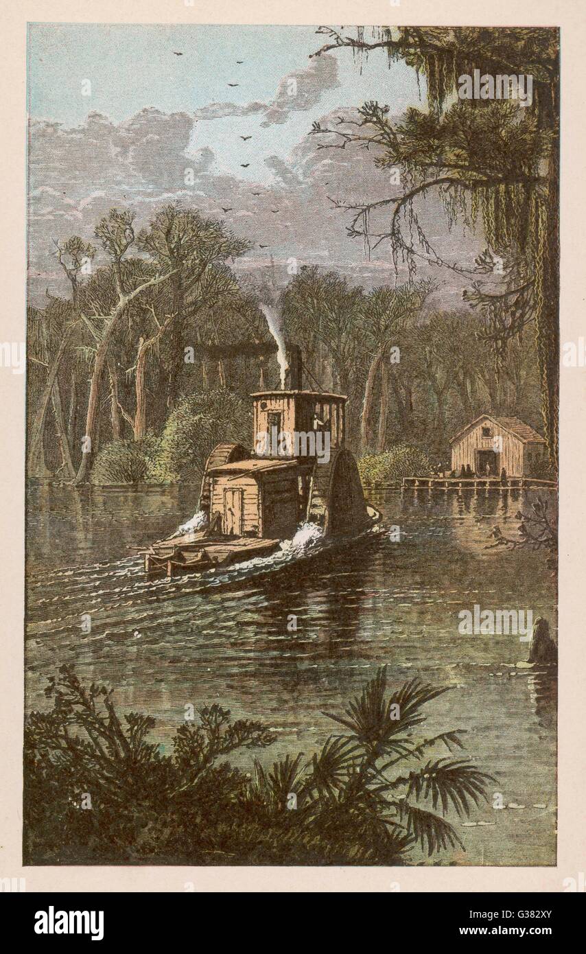 A paddle steamer at Silver  Springs, where 150 springs  form the source of the Silver  River       Date: circa 1860 Stock Photo