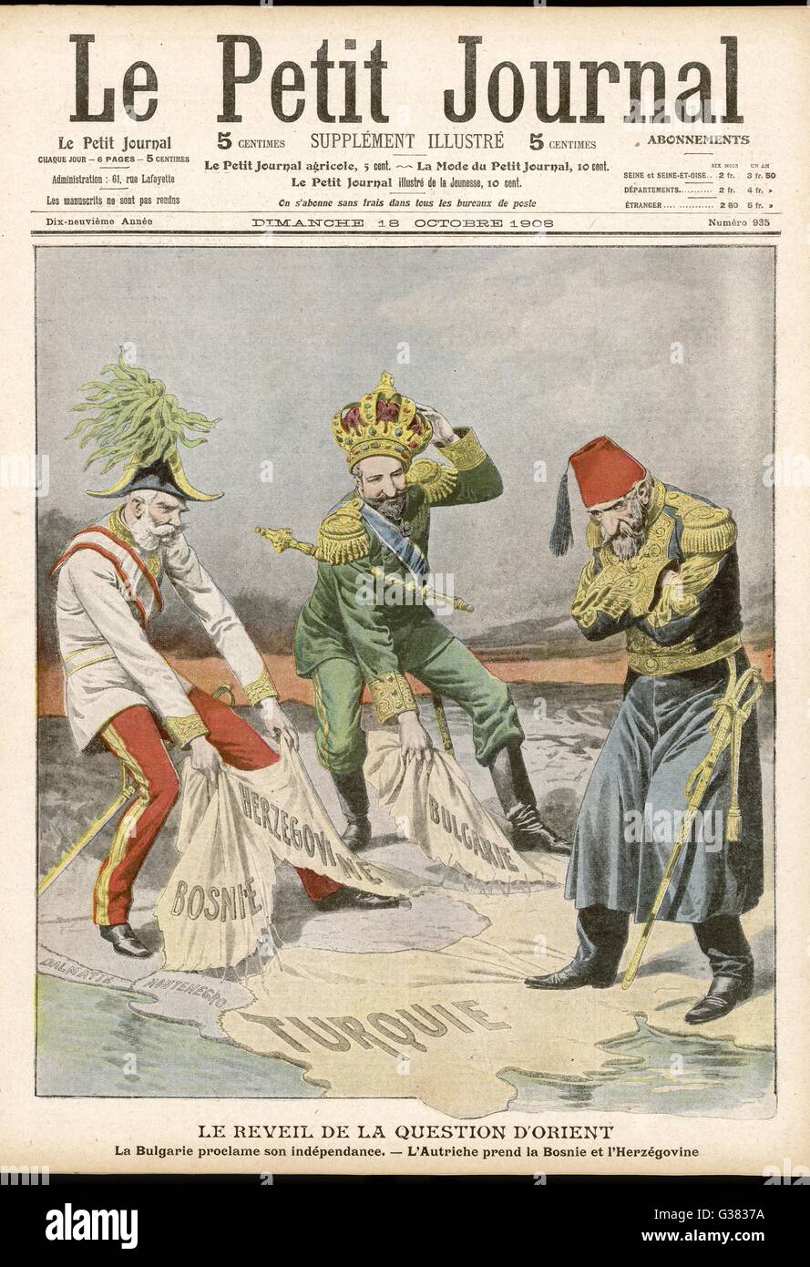 Abdul Hamid II of Turkey is helpless as parts of the Ottoman Empire are whipped  from beneath his feet by Bulgaria and Austria      Date: 1908 Stock Photo