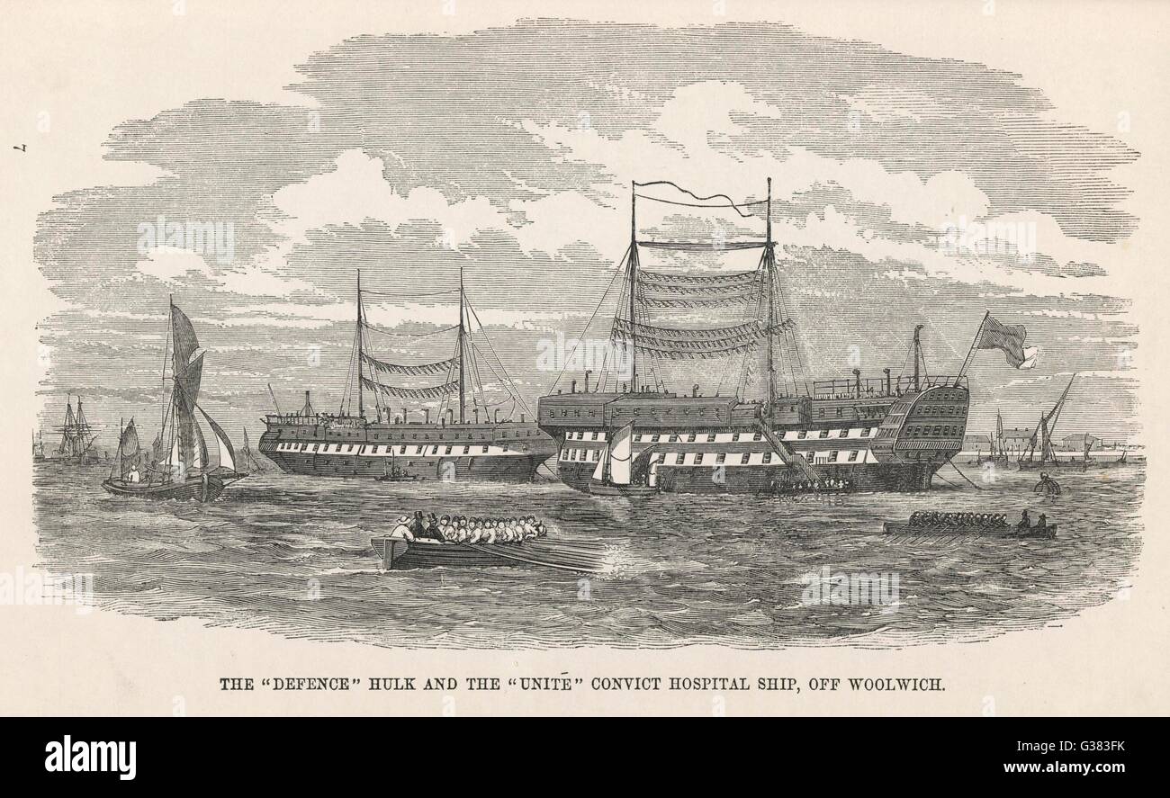 Prison hulk 'Defence' and  convict hospital ship 'Unite',  docked at Woolwich        Date: 1862 Stock Photo