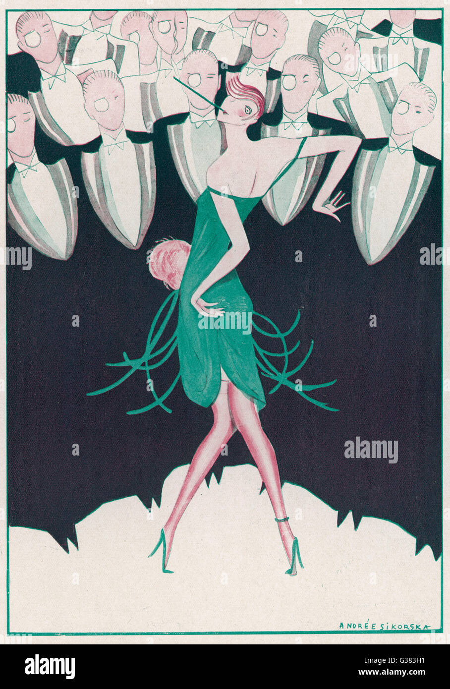 A flapper in a green dress dances in 