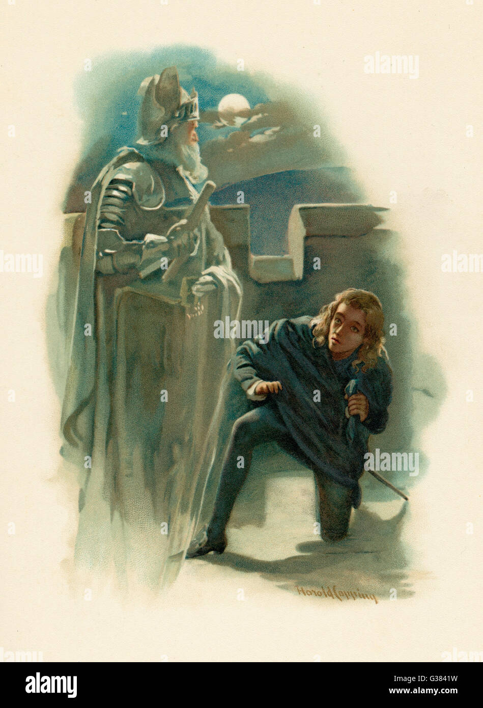 Hamlet with the ghost of his father on the battlements of Elsinore