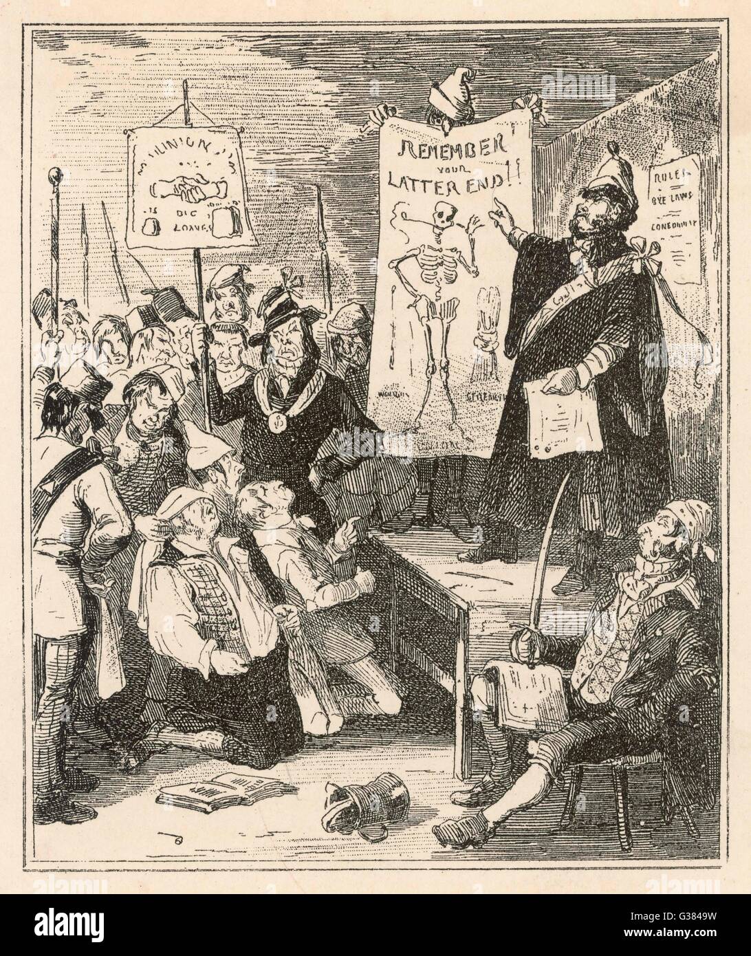 Initiation into a TRADE UNION  - due to official hostility  (unionists were perceived as  revolutionaries) the earliest  unions conducted themselves  like secret societies     Date: circa 1835 Stock Photo