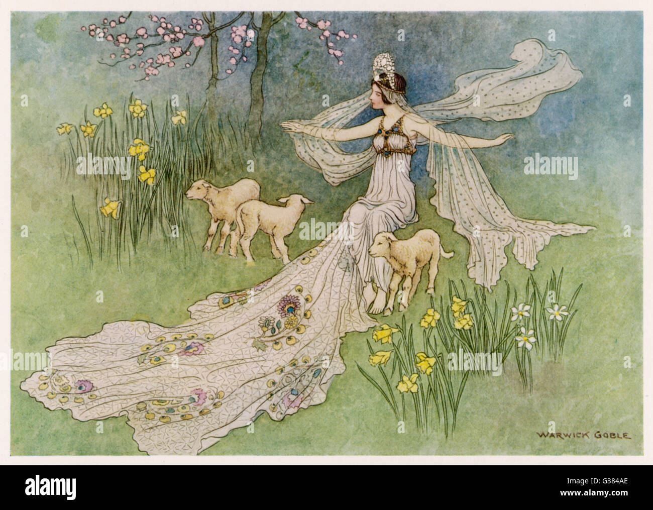 The Fairy Coquette - with  three wolves which she has  just transformed into lambs Stock Photo