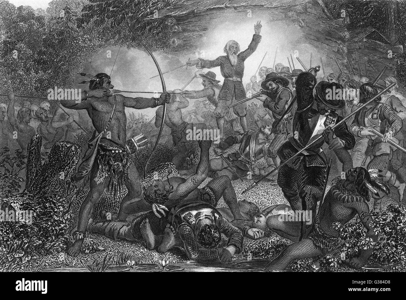 General Goffe repulsing the  American Indians at Hadley  during the Indian Wars        Date: 1676 Stock Photo